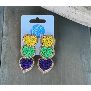 Mardi Gras Triple Hearts Seed Beaded Dangle Earring
