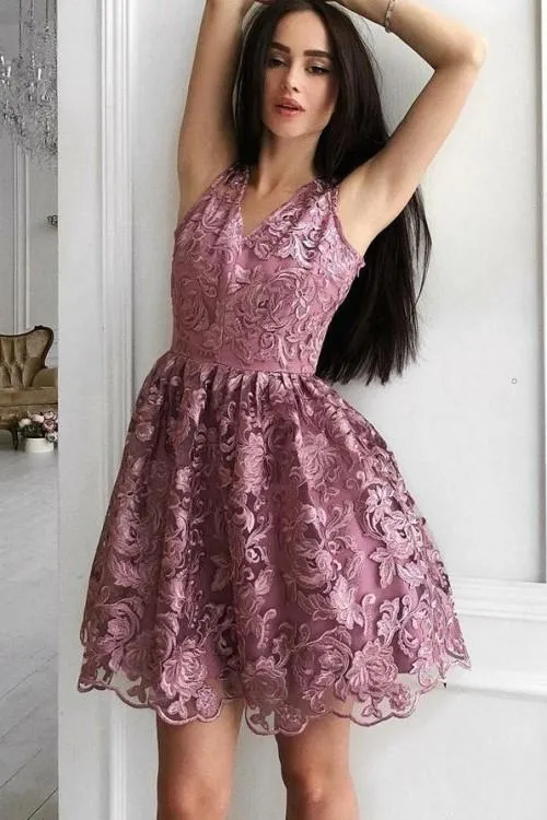 Mauve Lace Short Homecoming Dresses V-neckline vestido de fiesta