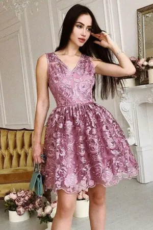 Mauve Lace Short Homecoming Dresses V-neckline vestido de fiesta