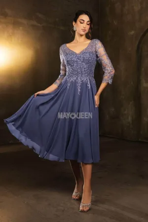 May Queen MQ2108 - Tea-Length Illusion V-Neck Dress