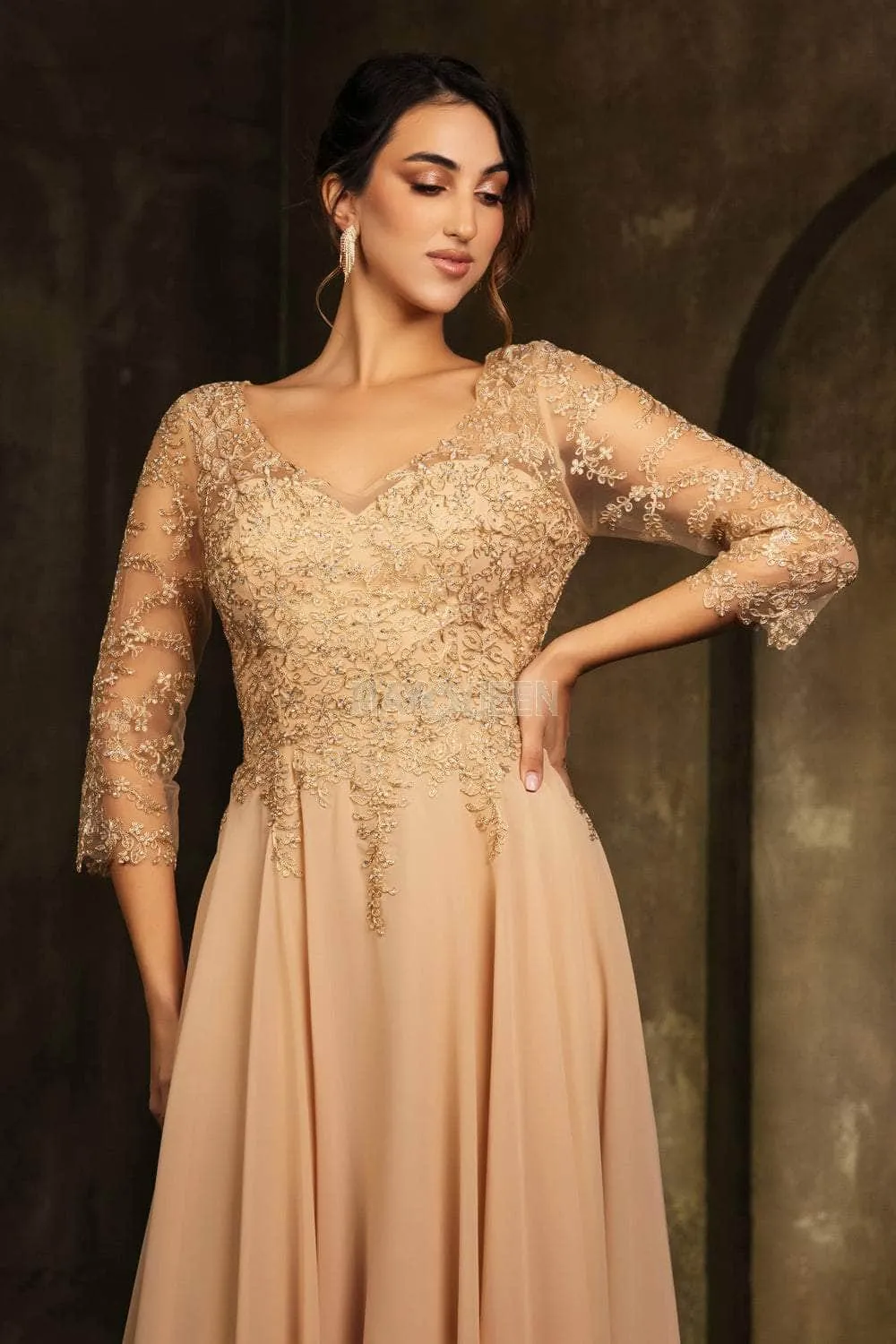 May Queen MQ2108 - Tea-Length Illusion V-Neck Dress