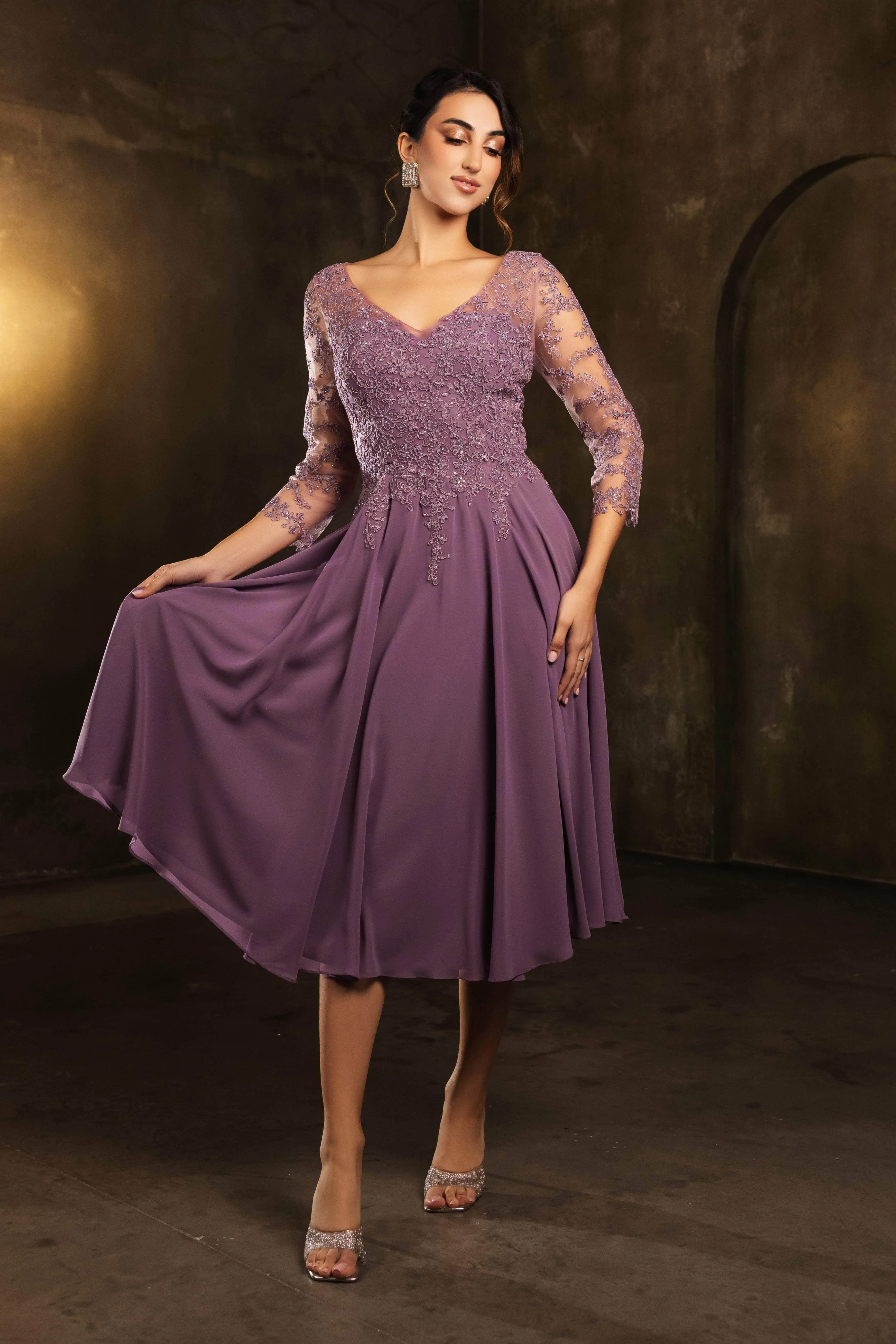 May Queen MQ2108 - Tea-Length Illusion V-Neck Dress