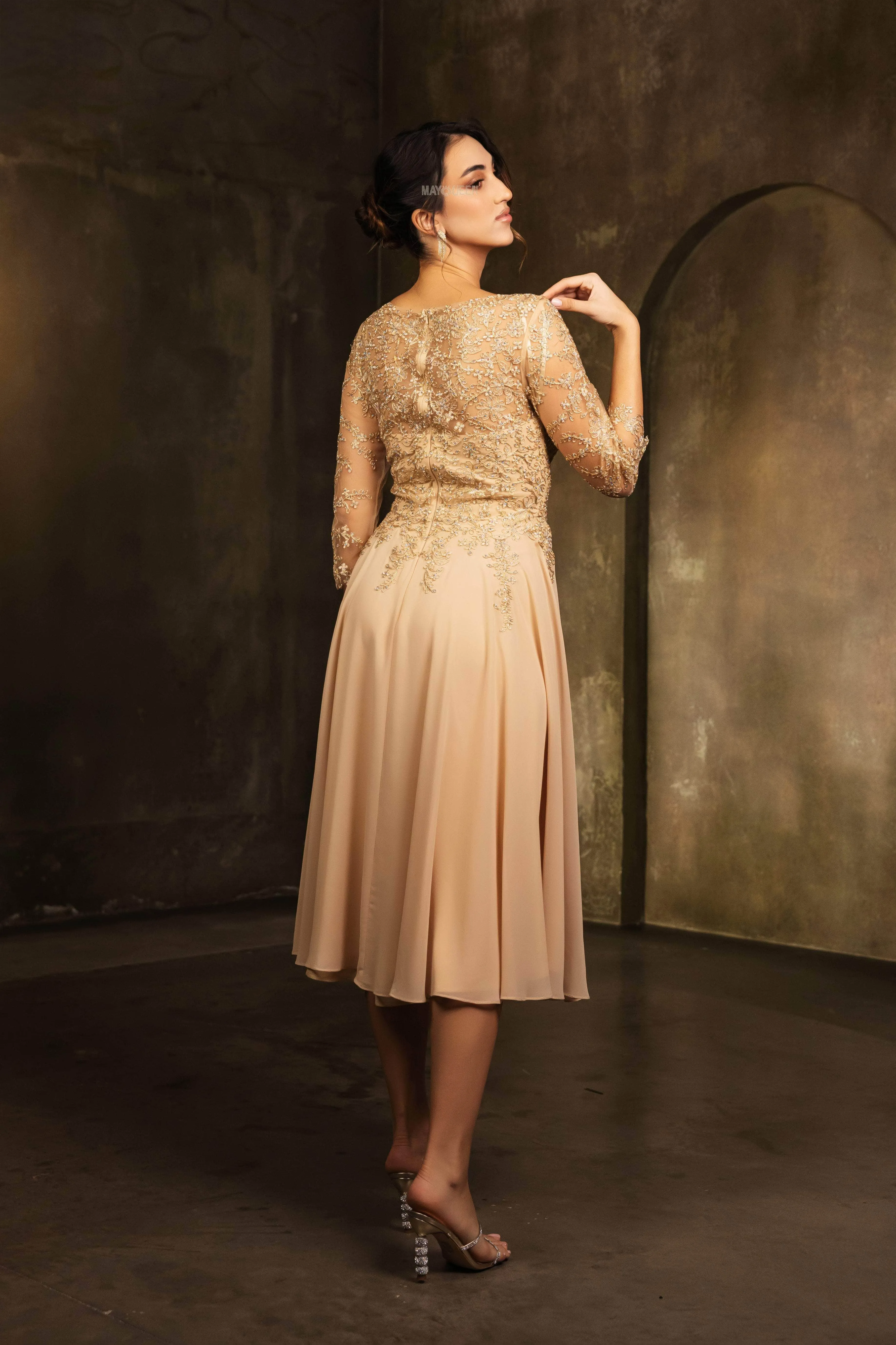 May Queen MQ2108 - Tea-Length Illusion V-Neck Dress