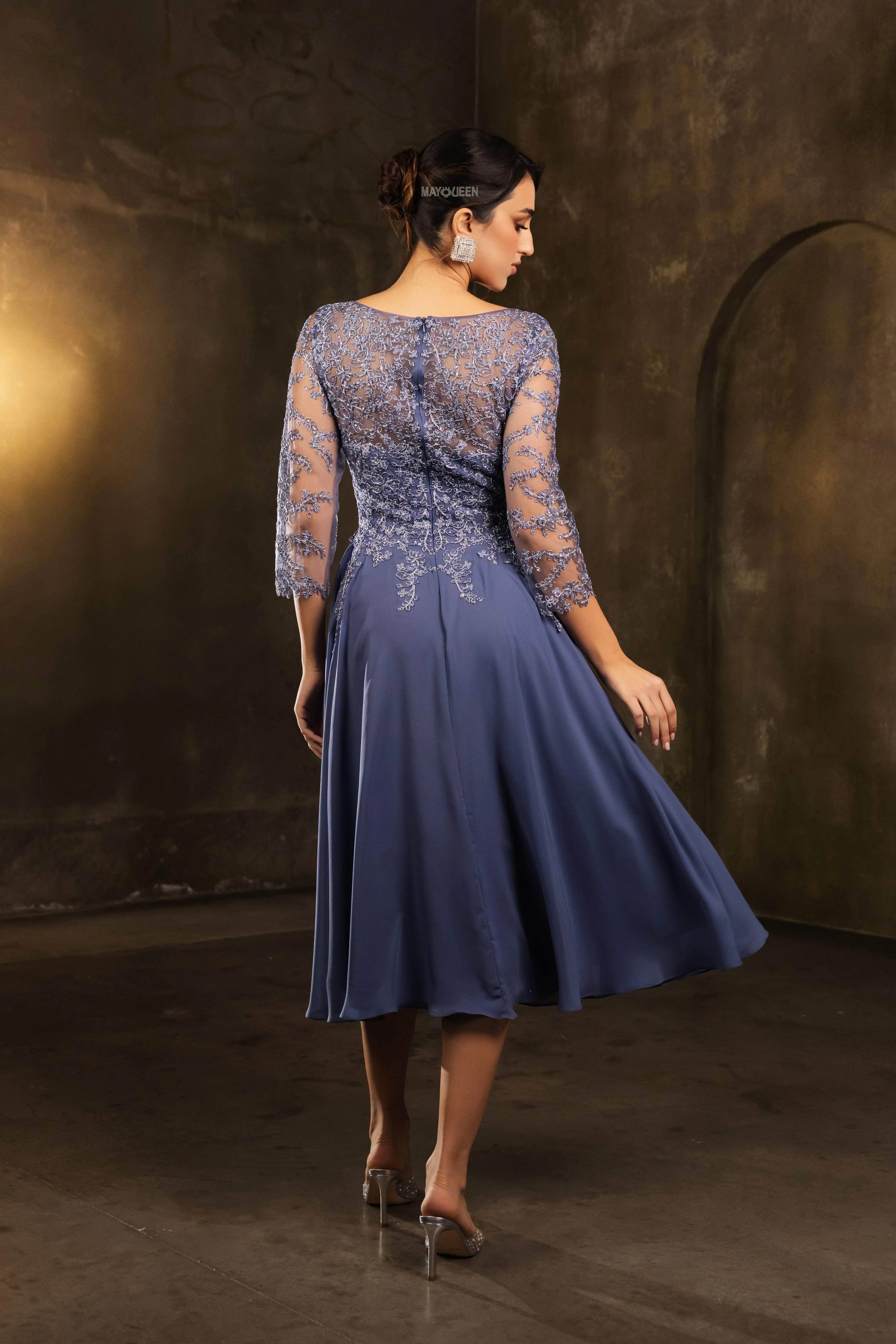 May Queen MQ2108 - Tea-Length Illusion V-Neck Dress