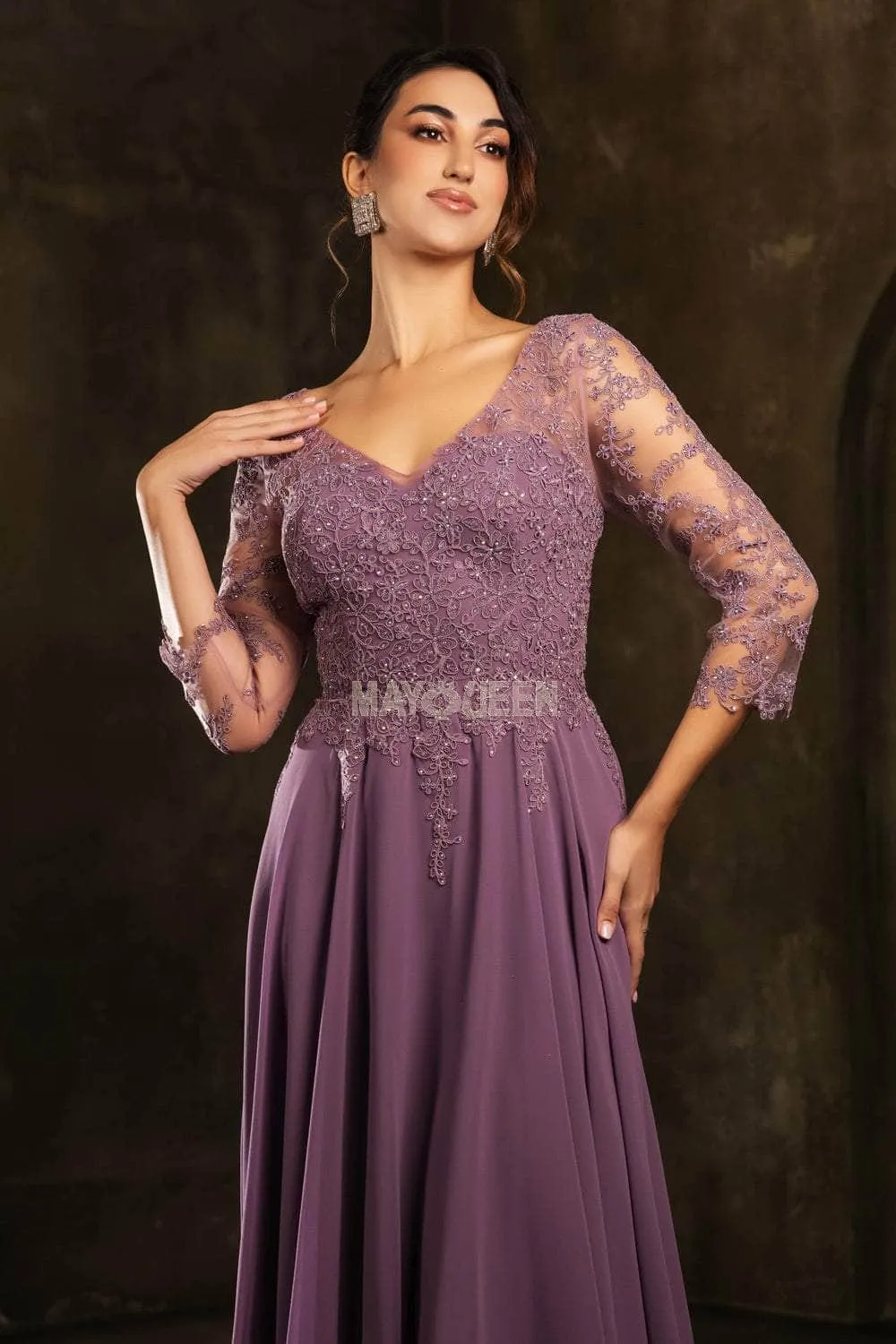 May Queen MQ2108 - Tea-Length Illusion V-Neck Dress