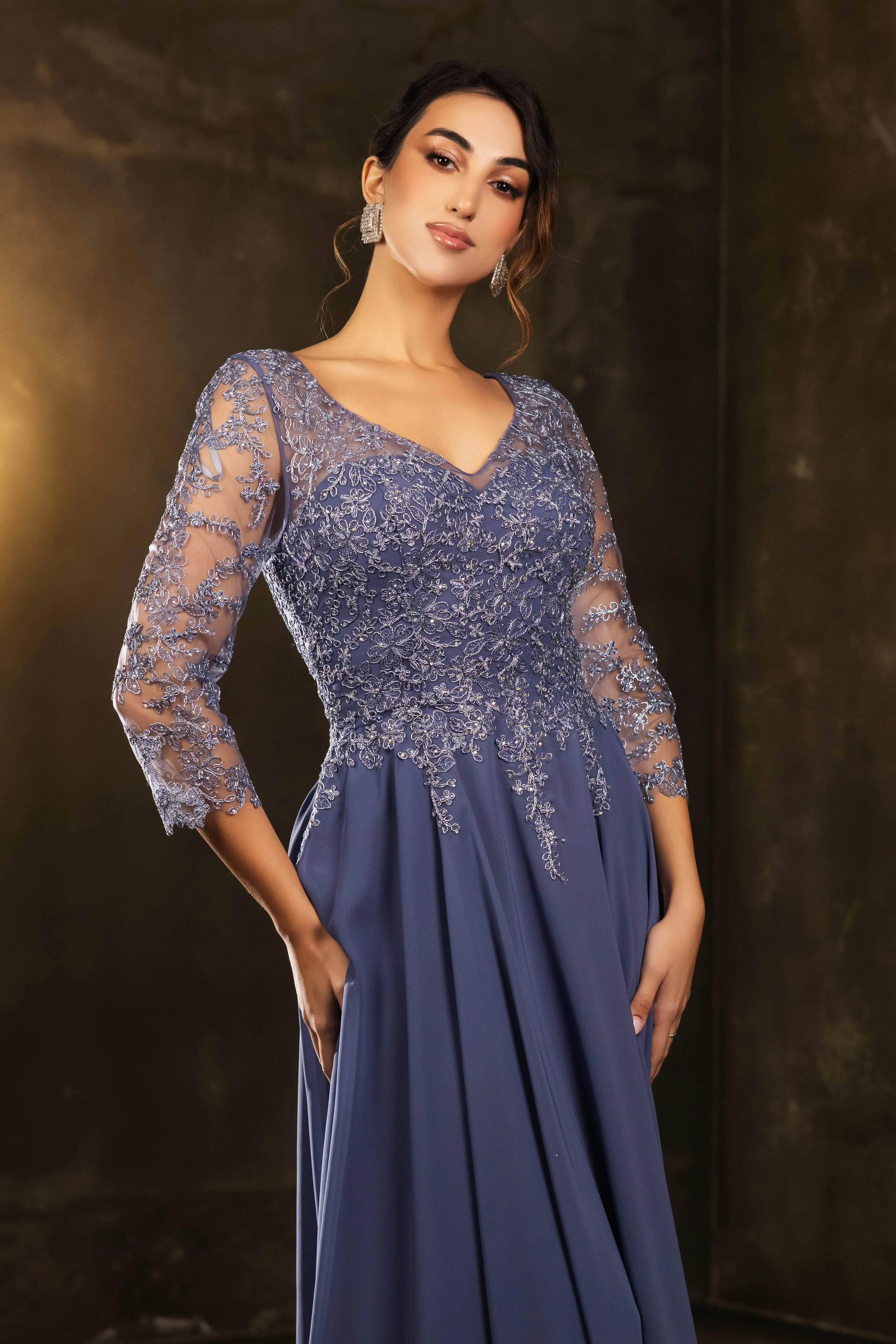 May Queen MQ2108 - Tea-Length Illusion V-Neck Dress