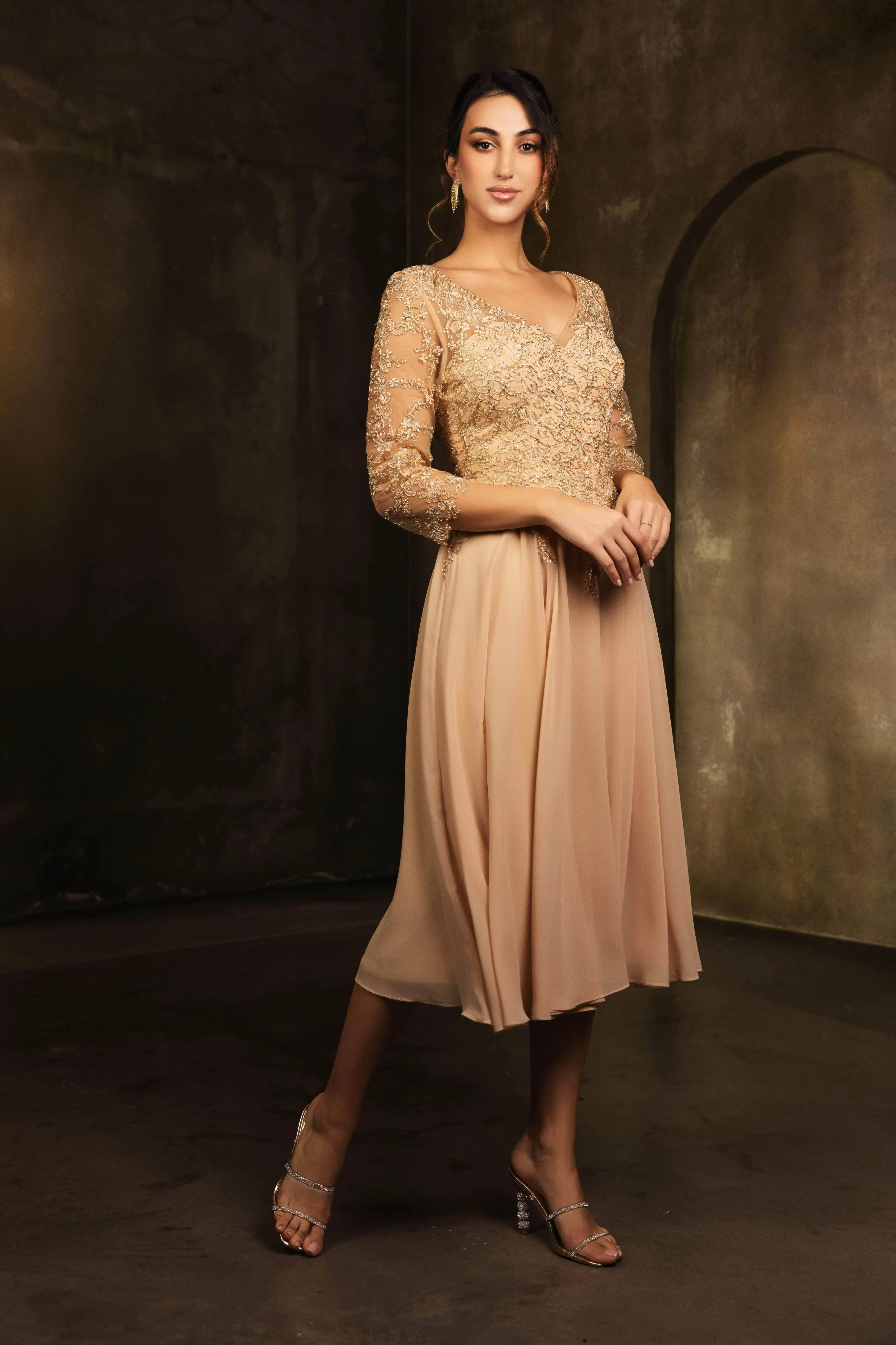 May Queen MQ2108 - Tea-Length Illusion V-Neck Dress