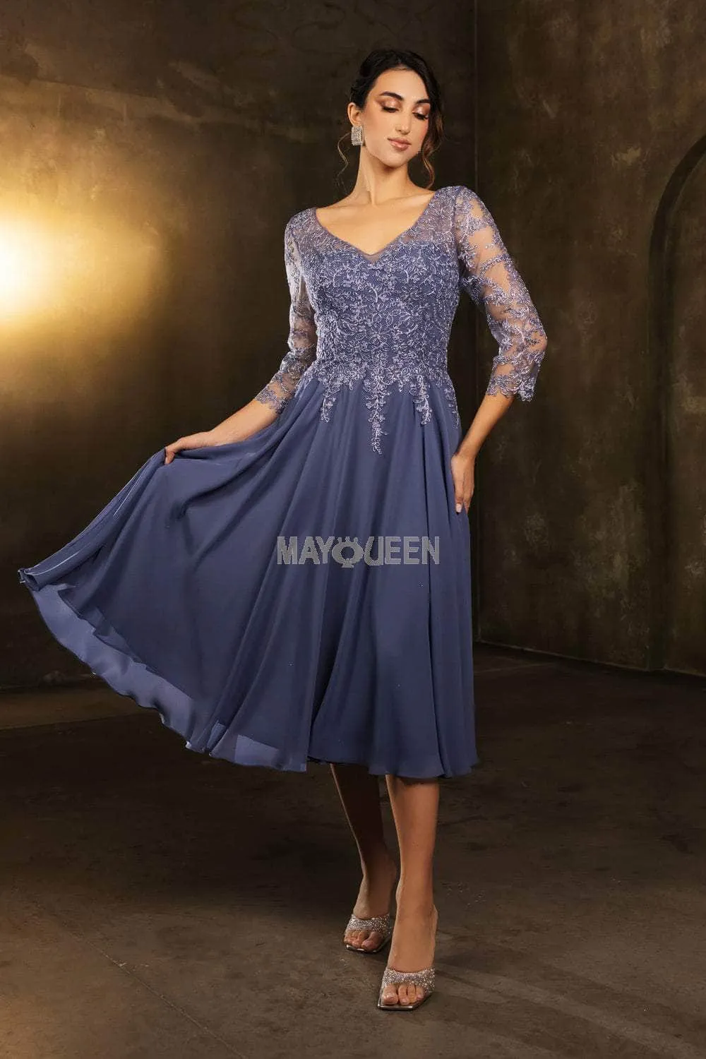 May Queen MQ2108 - Tea-Length Illusion V-Neck Dress
