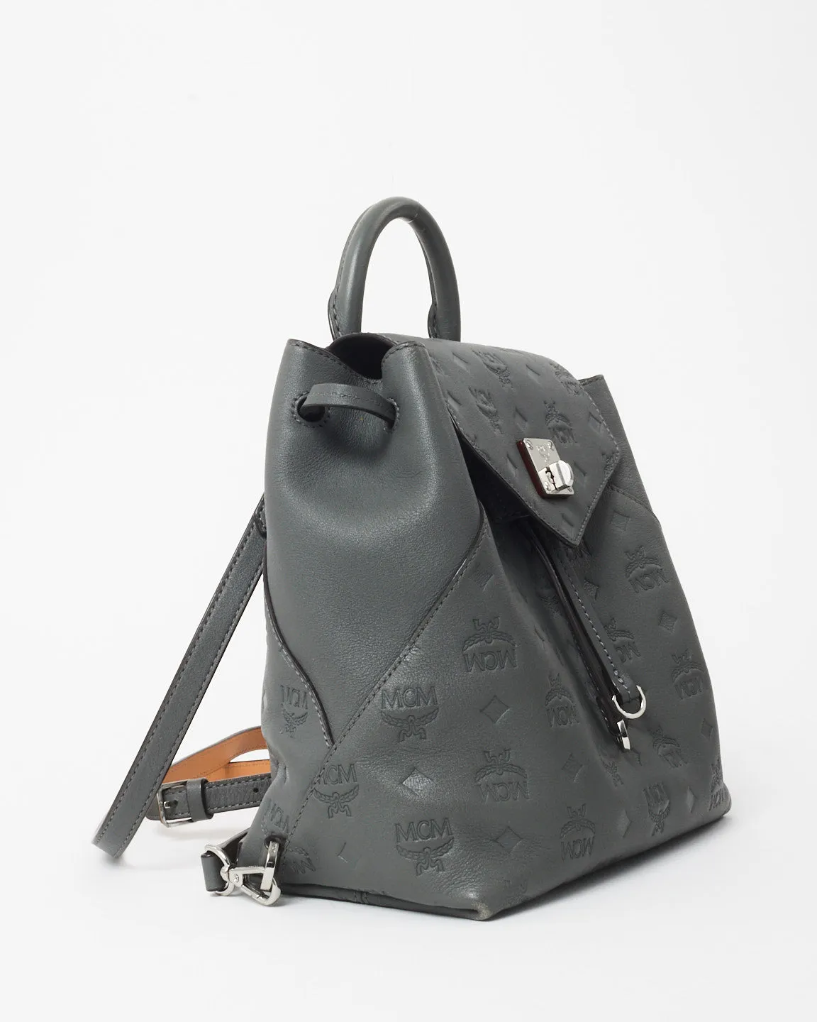 MCM Grey Leather Embossed Logo Backpack