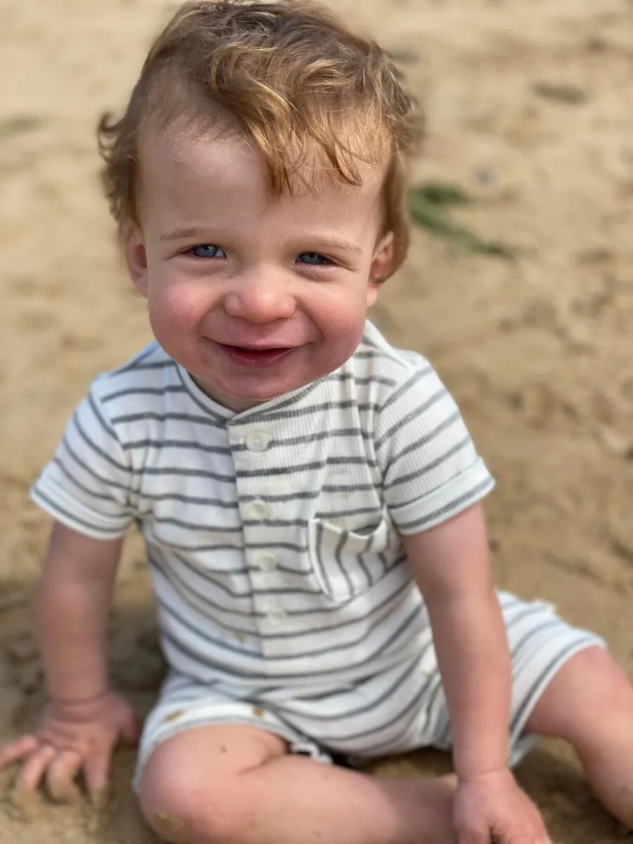 Me & Henry Grey & White Ribbed Stripe Camborne Henley Romper