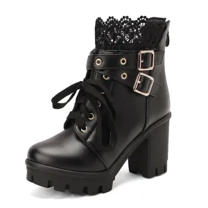 MEOTINA Goth Platform Boots Lace Buckle Gothic Cosplay Booties Chunky High Heels Ankle Boots Zipper Punk Shoes Black 7.5