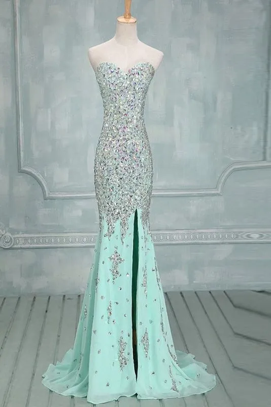 Mermaid Beaded Mint Front Split Long Prom Dress Evening Dresses