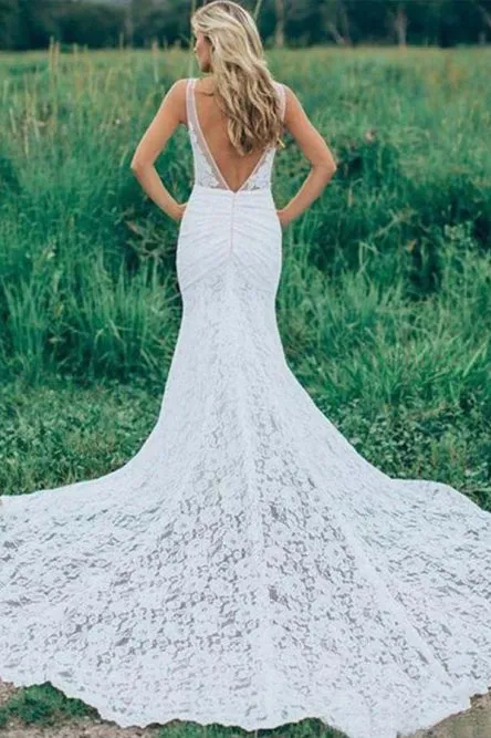 Mermaid Deep V-Neck Backless Sweep Train Lace Wedding Dress with Pockets OHD026