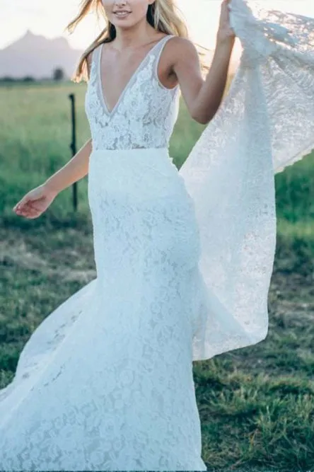 Mermaid Deep V-Neck Backless Sweep Train Lace Wedding Dress with Pockets OHD026