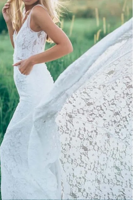 Mermaid Deep V-Neck Backless Sweep Train Lace Wedding Dress with Pockets OHD026