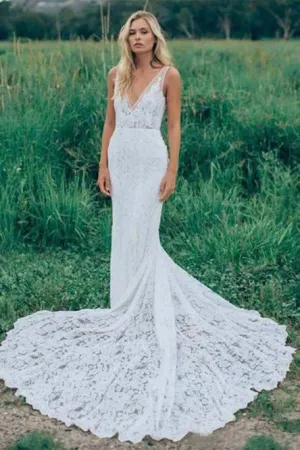 Mermaid Deep V-Neck Backless Sweep Train Lace Wedding Dress with Pockets OHD026