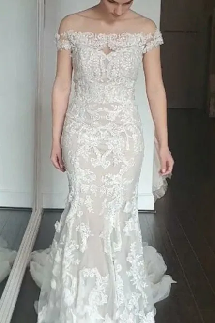 Mermaid Off-the-Shoulder Short Sleeves Sweep Train Ivory Appliqued Wedding Dress OHD006
