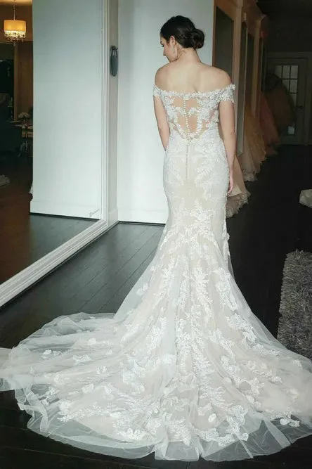 Mermaid Off-the-Shoulder Short Sleeves Sweep Train Ivory Appliqued Wedding Dress OHD006