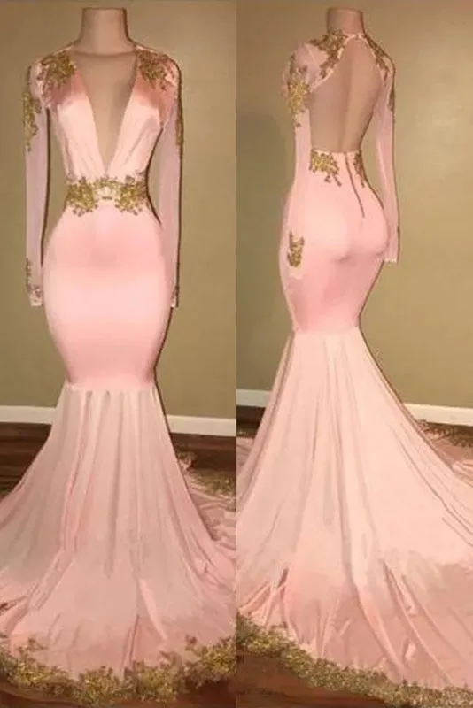 Mermaid V-neck Brush Train Long Sleeves Applique Prom Dresses Backless Senior Dress