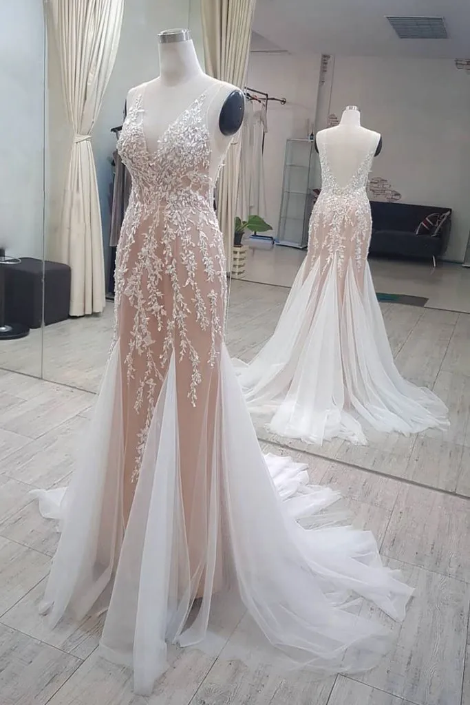 Mermaid V neck Sweep Train Backless Sleeveless Long Tulle Prom Dress Evening Dress OHC295