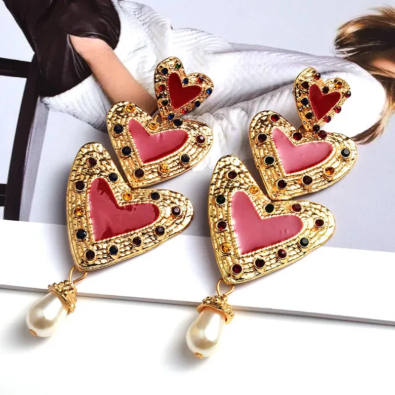 Metal Love Heart Long Earrings High-quality Crystal Drop Stud Earrings Fashion Jewelry