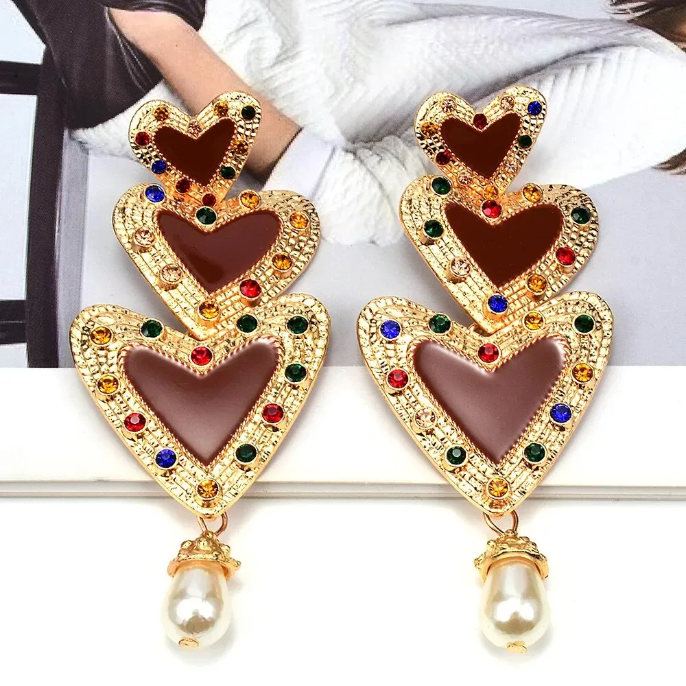 Metal Love Heart Long Earrings High-quality Crystal Drop Stud Earrings Fashion Jewelry