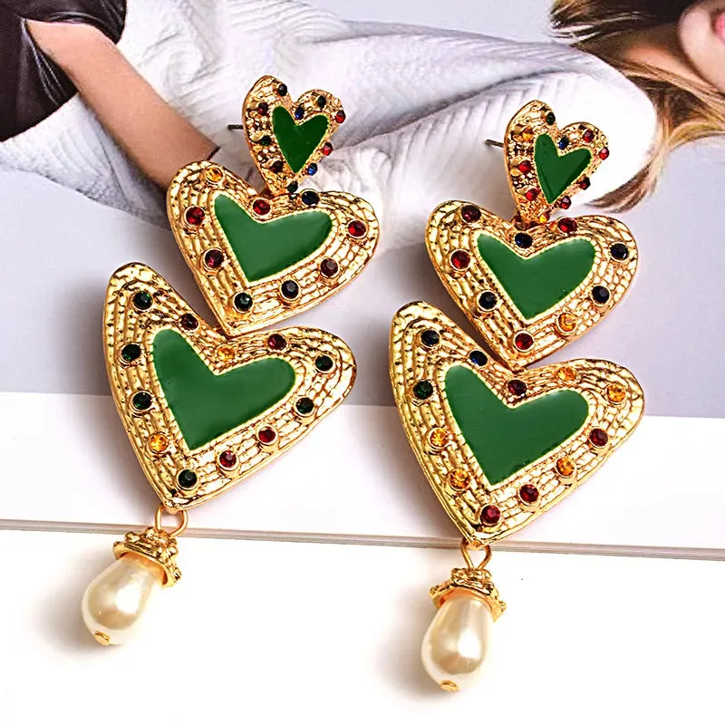 Metal Love Heart Long Earrings High-quality Crystal Drop Stud Earrings Fashion Jewelry