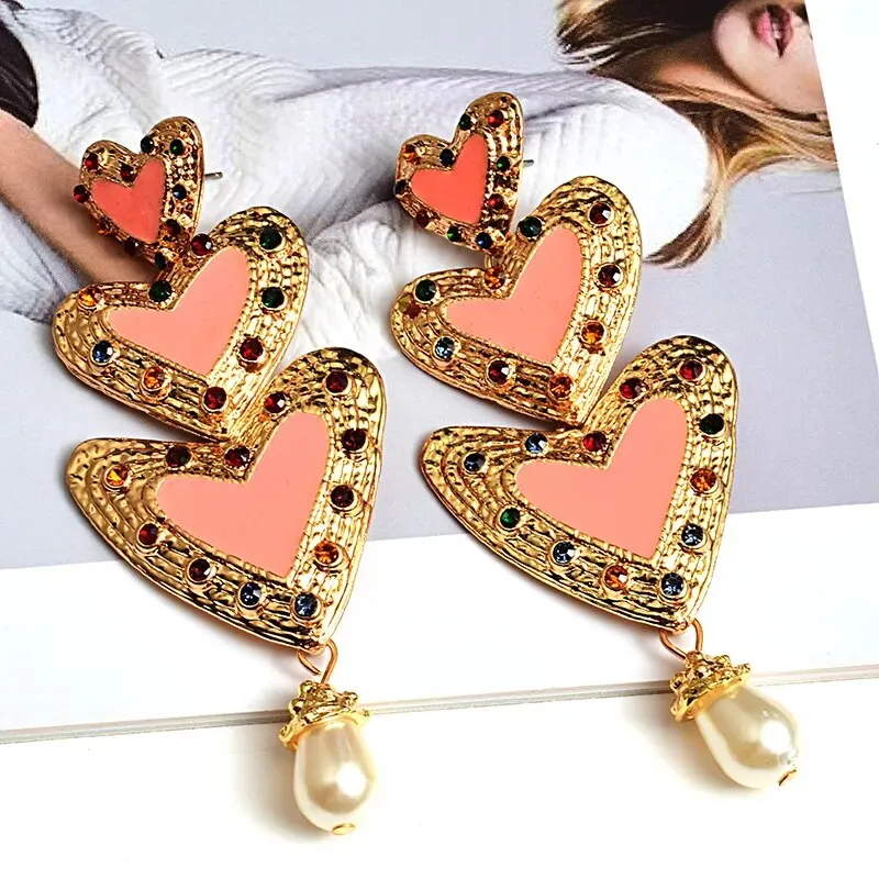 Metal Love Heart Long Earrings High-quality Crystal Drop Stud Earrings Fashion Jewelry