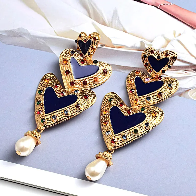 Metal Love Heart Long Earrings High-quality Crystal Drop Stud Earrings Fashion Jewelry