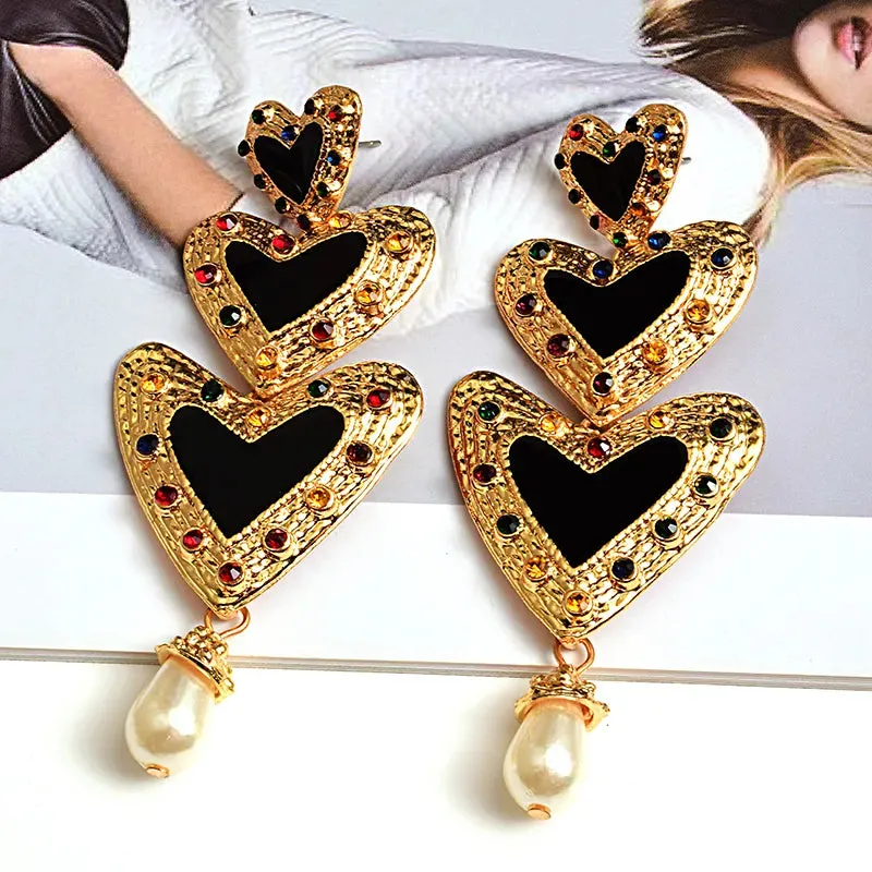 Metal Love Heart Long Earrings High-quality Crystal Drop Stud Earrings Fashion Jewelry