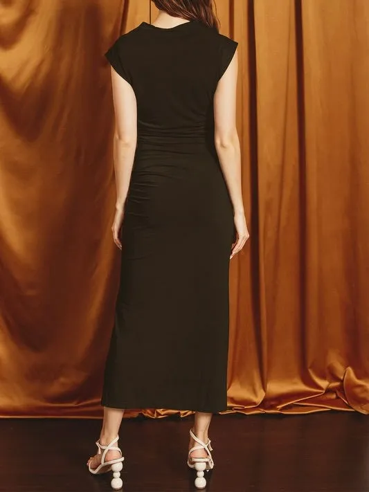 Mock Neck Ruched Maxi Dress - Black