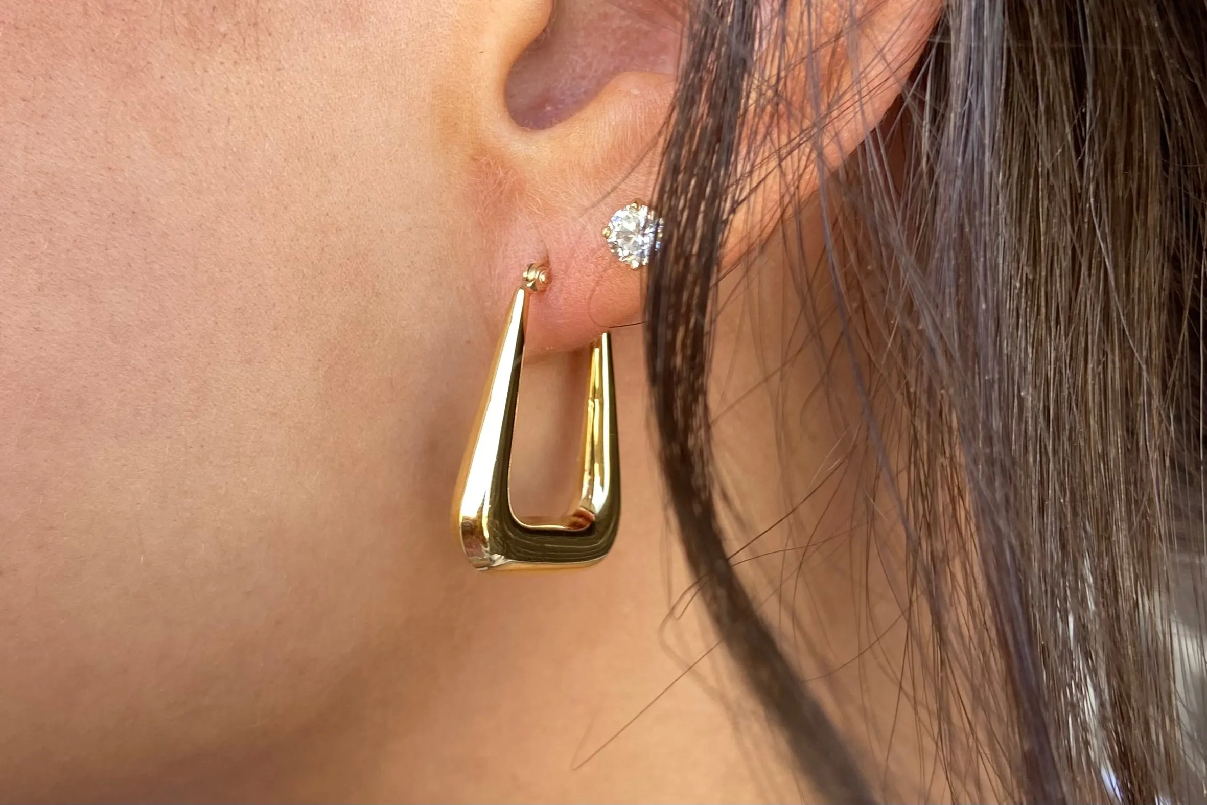 Modern Rectangle Yellow Gold Hoop Earrings