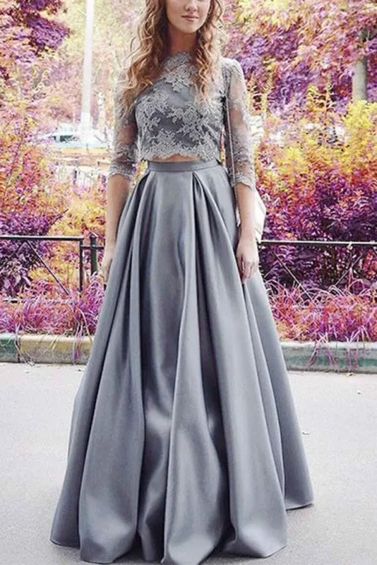 Modest Half Sleeves Two Lace Crop 2 Pieces Sexy Prom Dress