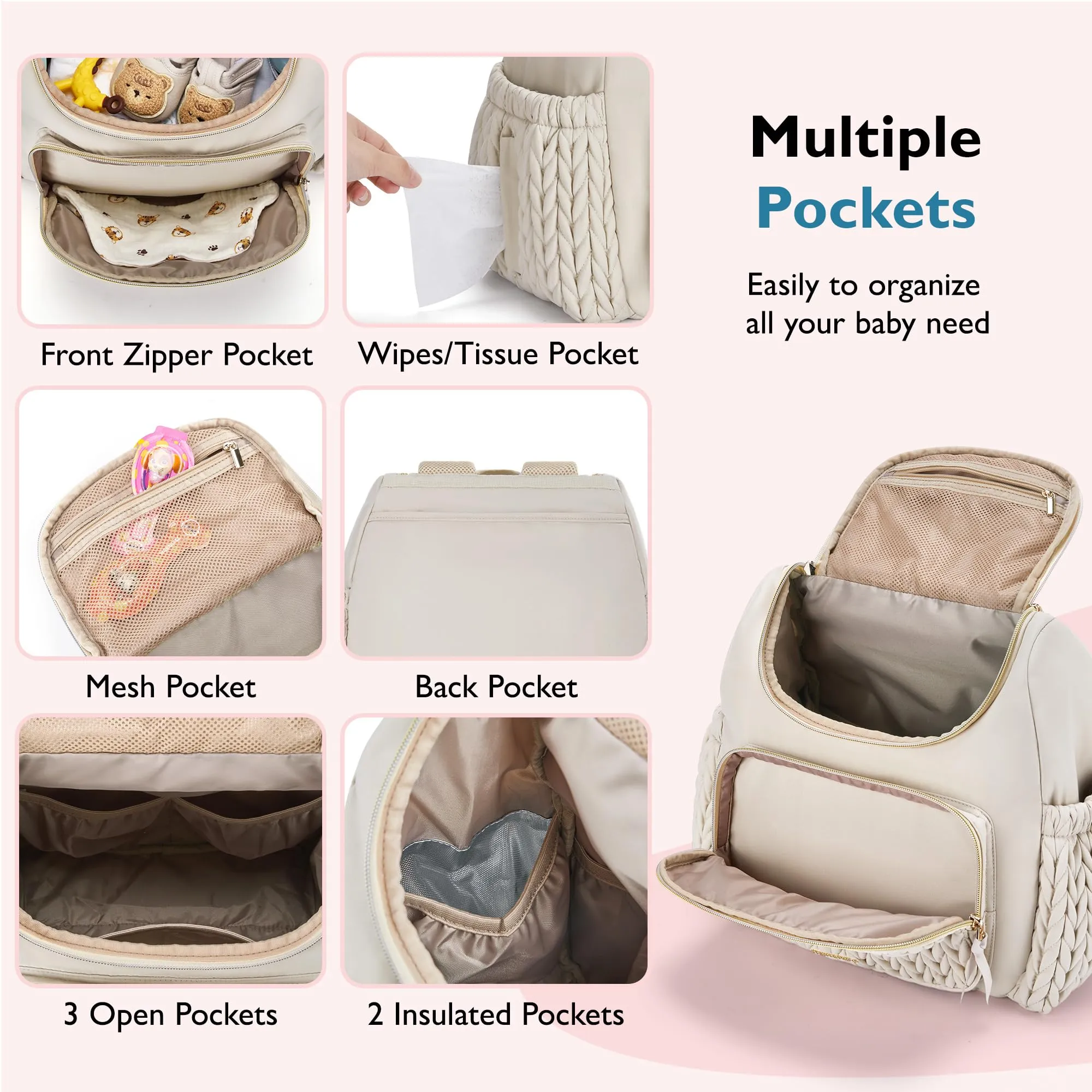 mommore Diaper Bag with Insulated Pockets, Changing Pad and Stroller Straps