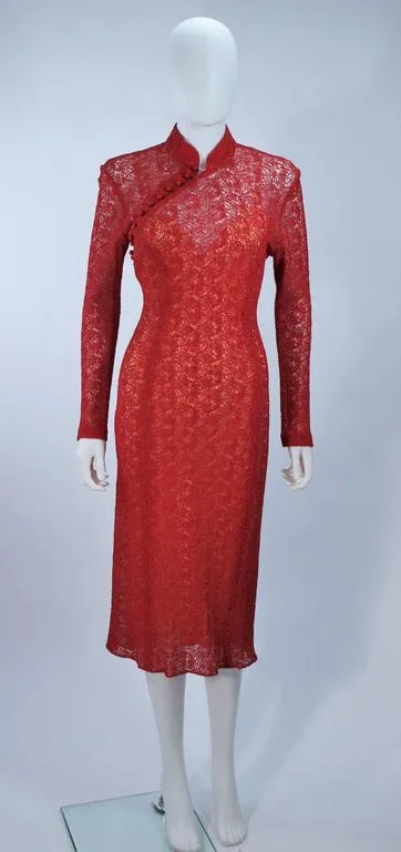 MONIQUE LHUILLIER Asian Inspired Deep Coral Cocktail Dress Size 8