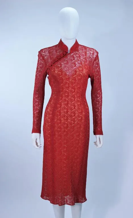 MONIQUE LHUILLIER Asian Inspired Deep Coral Cocktail Dress Size 8