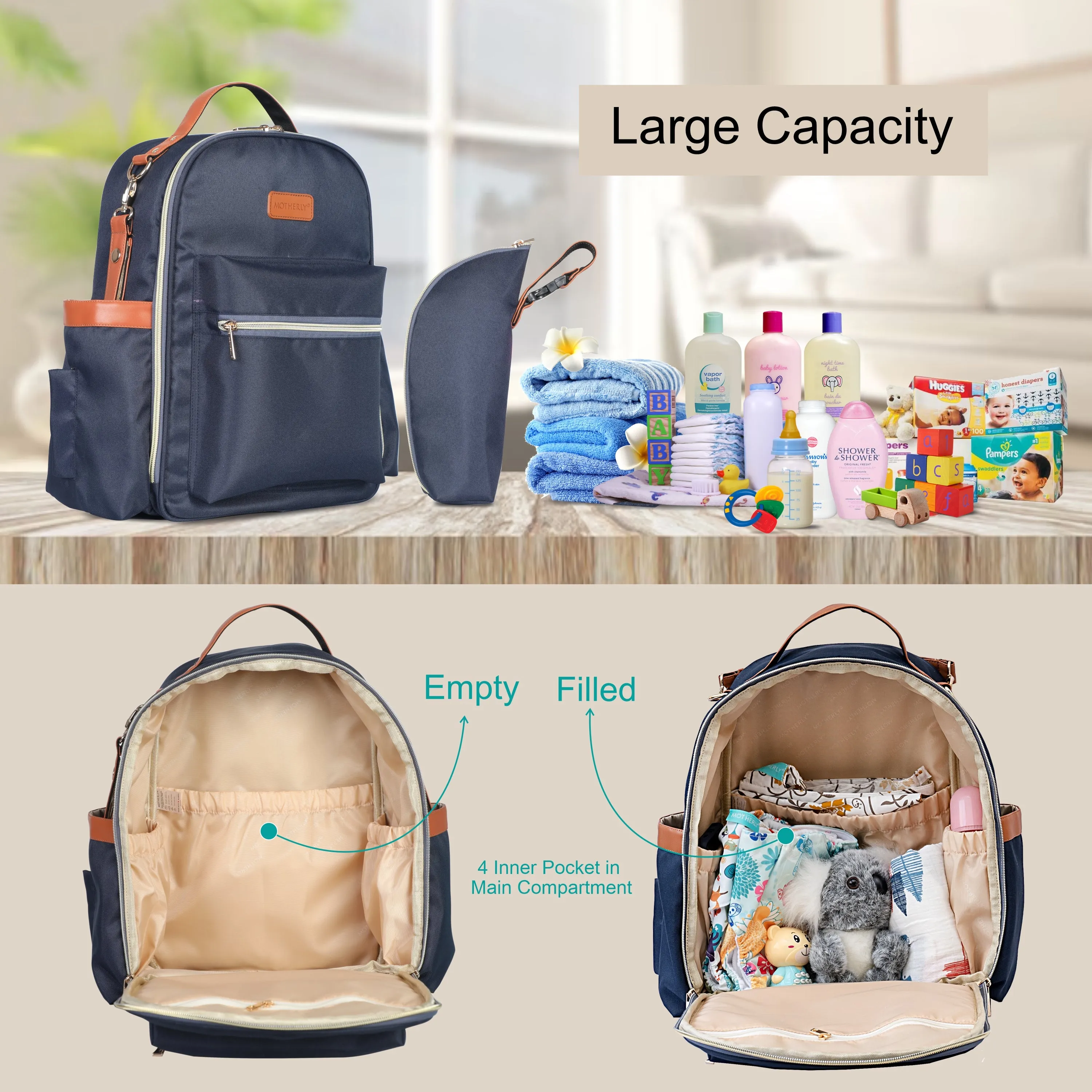 Motherly Diaper Bags For Mothers Stylish Backpacks for Moms for Travel with Stroller Hooks & Insulated Bottle Cover|6 Month Warranty |(Navy Gray)