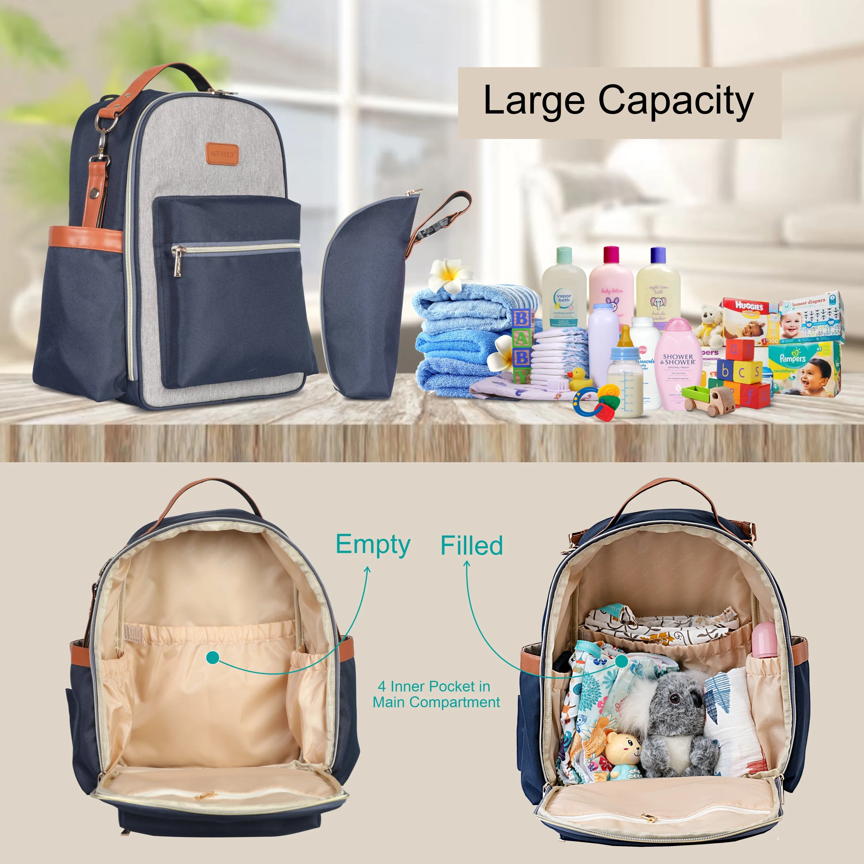 Motherly Diaper Bags For Mothers Stylish Backpacks for Moms for Travel with Stroller Hooks & Insulated Bottle Cover|6 Month Warranty |(Navy Gray)