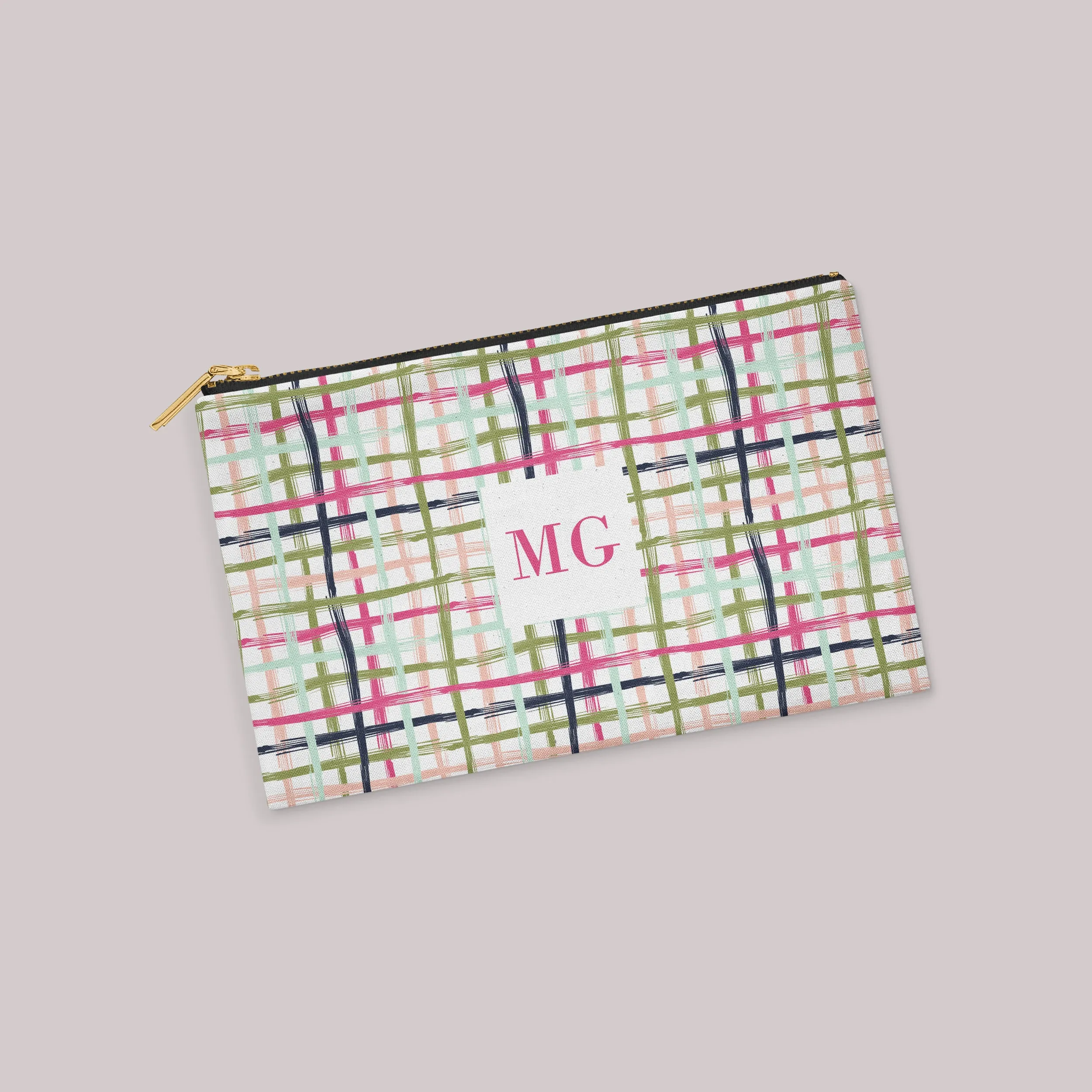 Multi Color Brushstroke Plaid Personalized Zipper Pouch