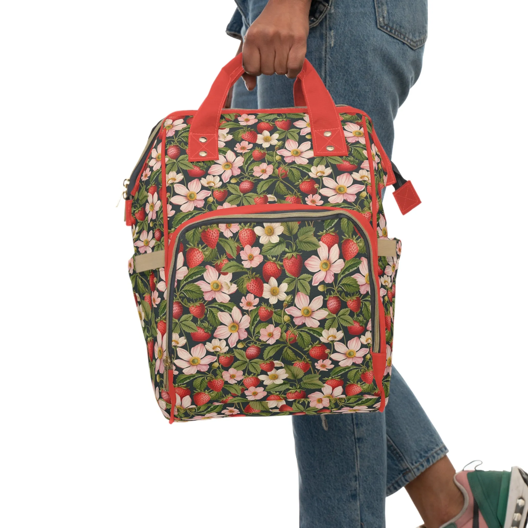 Multifunctional Strawberry Diaper Backpack - Convenient Storage for On-the-Go Parents