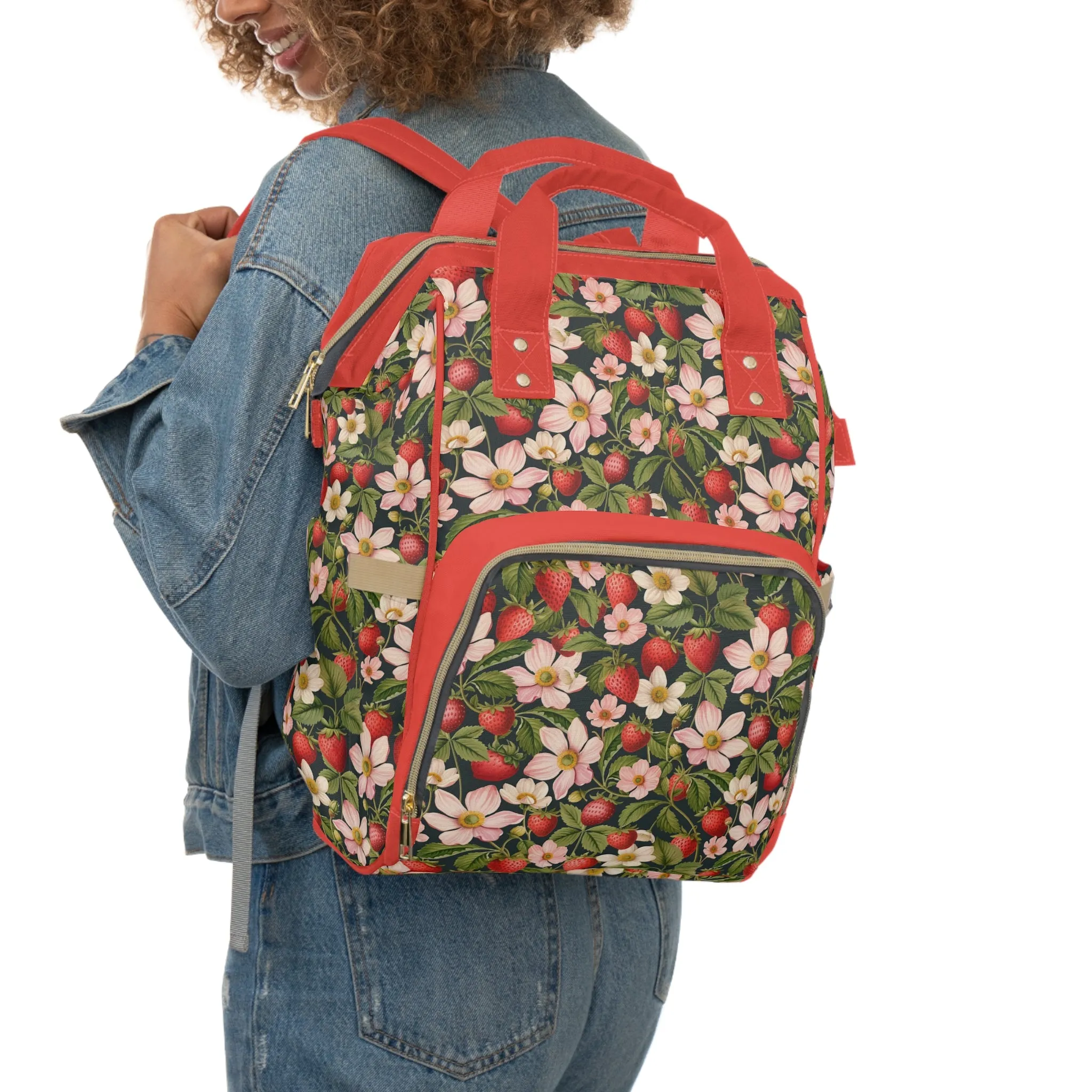 Multifunctional Strawberry Diaper Backpack - Convenient Storage for On-the-Go Parents