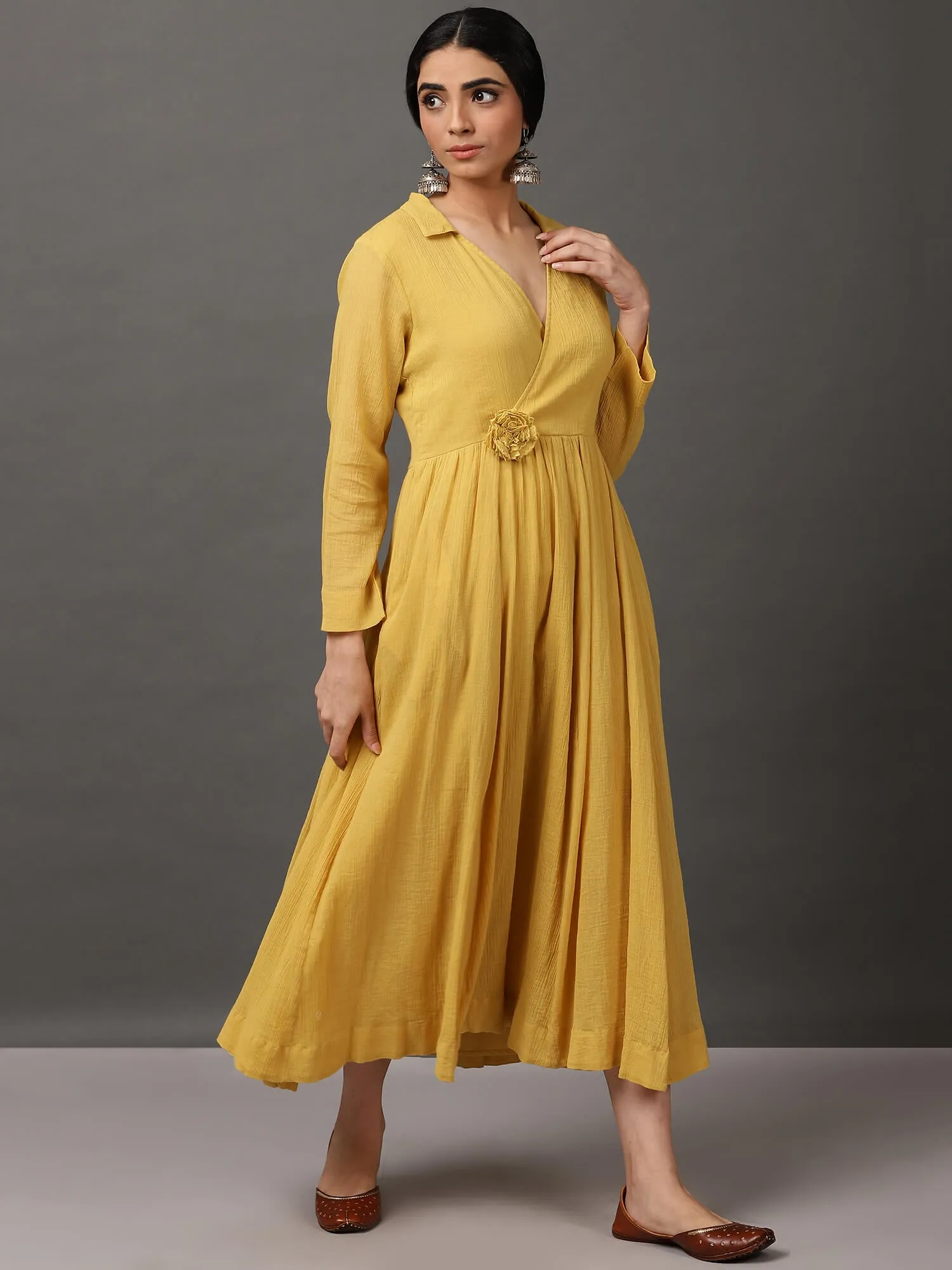 Mustard Cotton Crepe Dress With Pockets