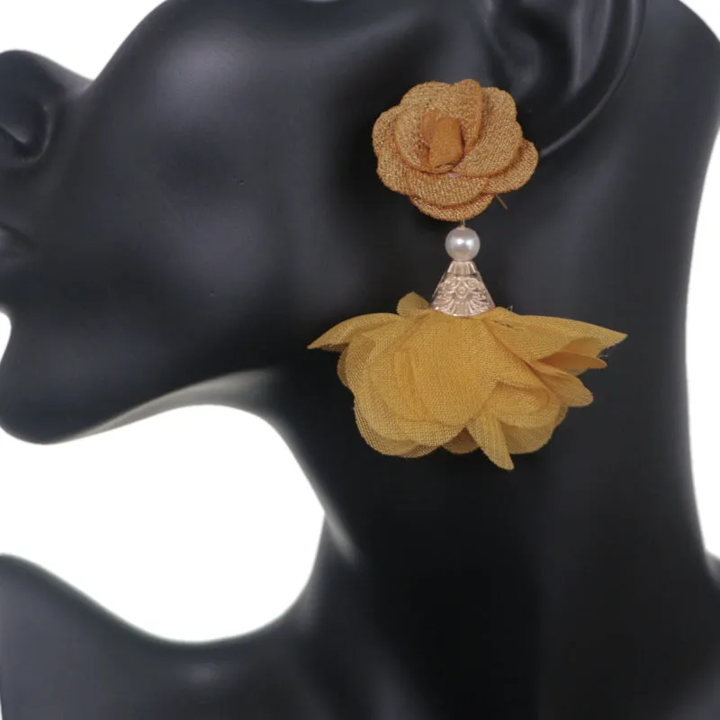 Mustard Floral Nylon Dangle Earrings
