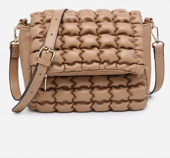 Naomi Top Zip Quilted Crossbody in Tan