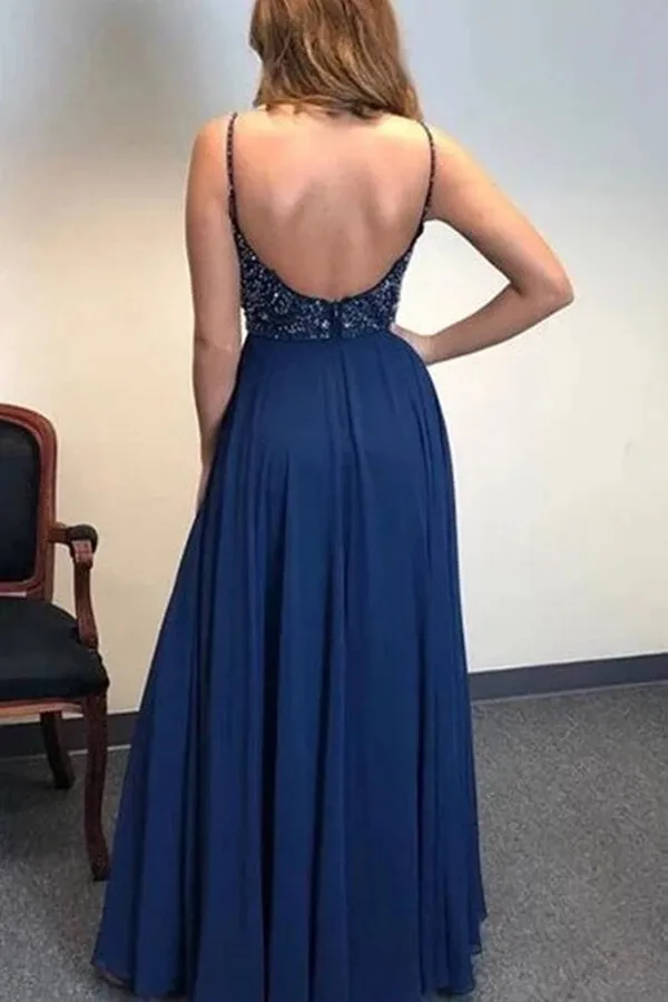 Navy Blue A-line Beaded Spaghetti Straps Prom Dresses, Long Formal Dress, SP789