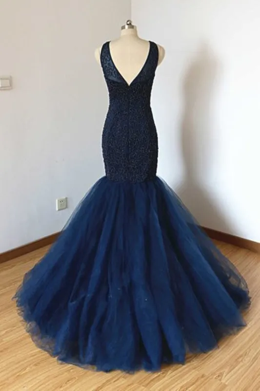 Navy Blue Tulle Long Trumpet Formal Prom Dress With Applique