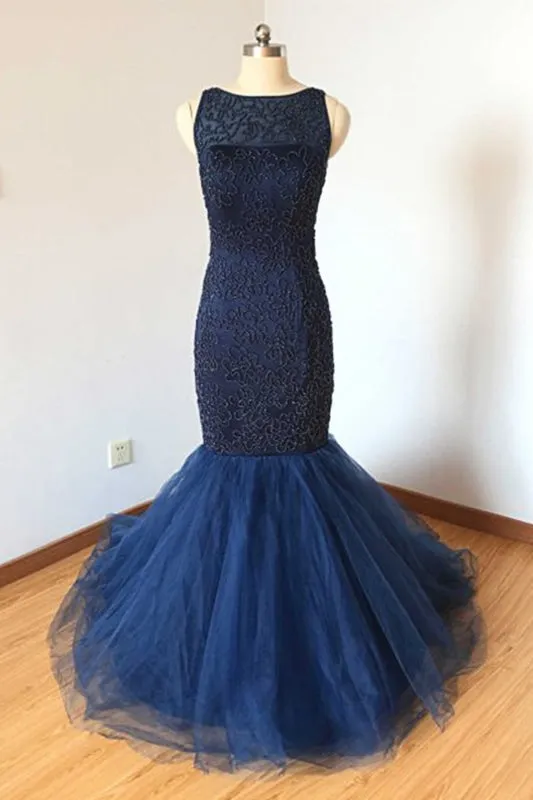 Navy Blue Tulle Long Trumpet Formal Prom Dress With Applique