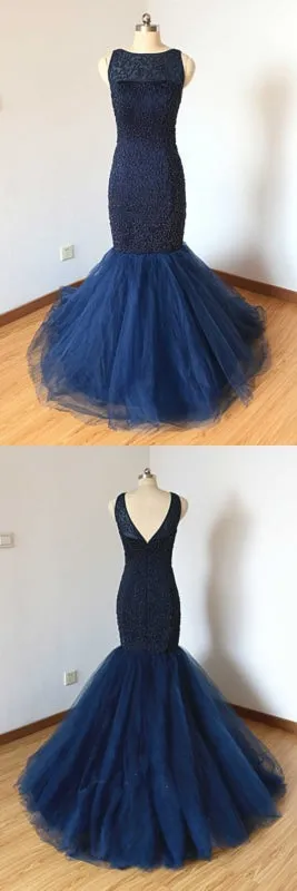 Navy Blue Tulle Long Trumpet Formal Prom Dress With Applique
