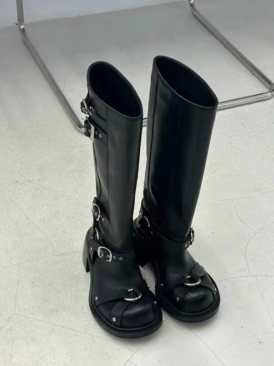 NEW & INSTOCK - Korean Style Skinny Locomotive Knight Boots Knee-High Belt Buckle High Boots