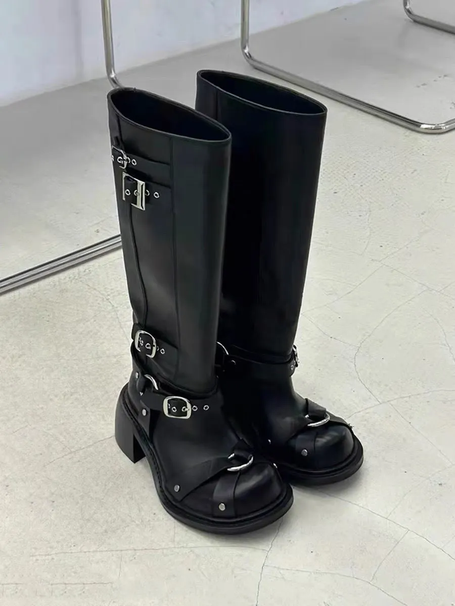 NEW & INSTOCK - Korean Style Skinny Locomotive Knight Boots Knee-High Belt Buckle High Boots